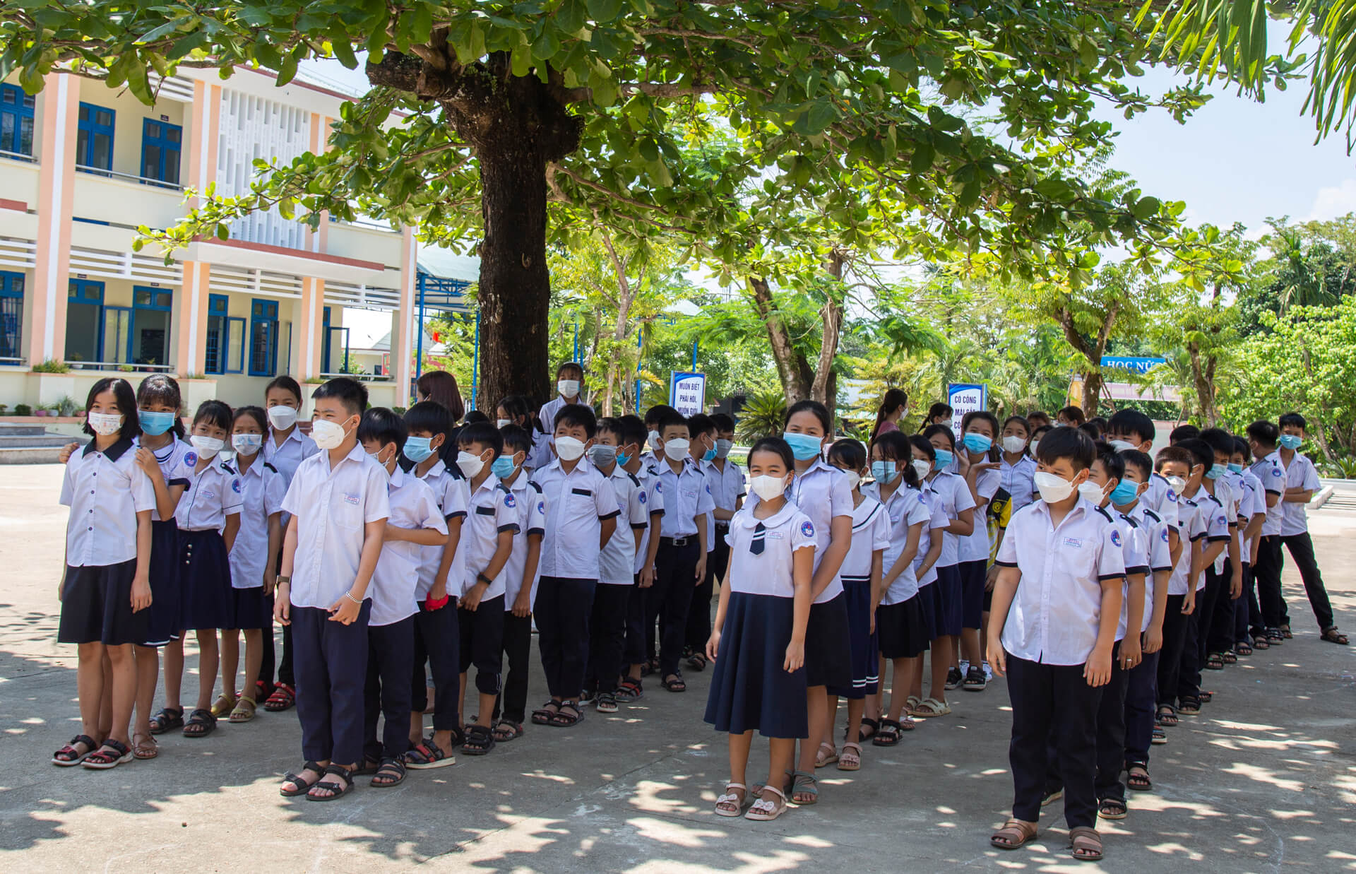 Các em học sinh xếp hàng đợi khám sàng lọc tim mạch.